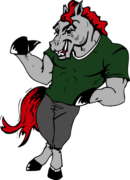 The image shows a cartoon of an anthropomorphic horse with red hair standing on two legs next to another figure that appears humanoid but is stylized in black-and-white line drawing form; both figures seem to be engaged in some sort of interaction or conversation, possibly set against the backdrop of what could represent a night sky.