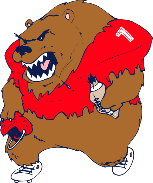 The cartoon depicts a large brown bear wearing an orange jersey with red numbers on it, holding what appears to be a football in its mouth while standing upright like a human player would during gameplay.