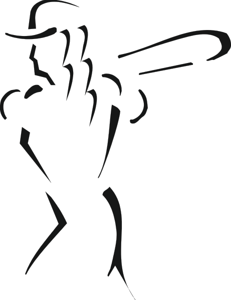 The black and white silhouette of a baseball player holding a bat over his shoulder with both hands at home plate.
