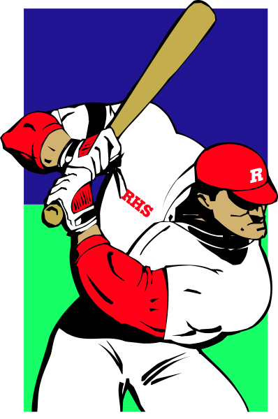 The illustration depicts a baseball player holding two bats with his hands crossed over each other while wearing a red jersey with white lettering that reads "Rays." He is standing on grass in front of an audience, and there's another person visible behind him who appears to be watching the game.