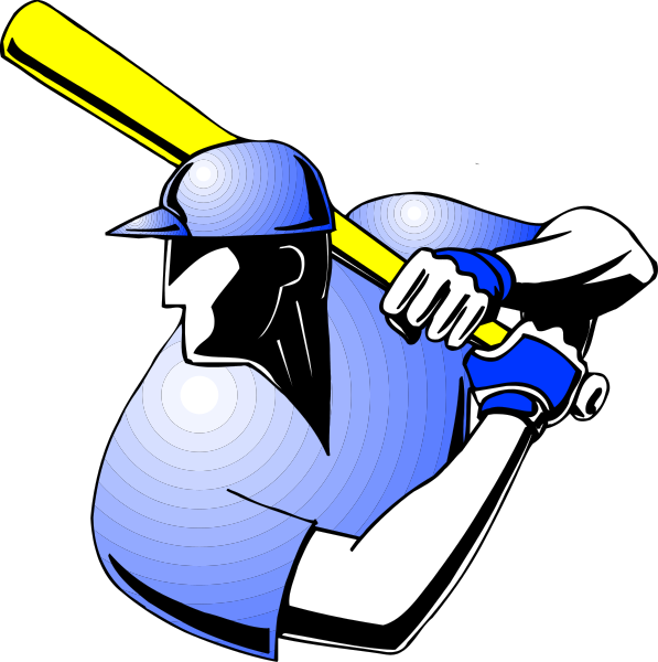 The image shows a stylized illustration of an athlete holding two baseball bats crossed over each other with both hands gripping one bat at its center while wearing a blue uniform shirt that has white sleeves and stripes, suggesting he is part of a team or league associated with the color scheme.