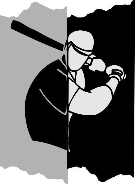 The black and white silhouette of a baseball player holding a bat over his shoulder with another figure standing behind him on either side in front of what appears to be an audience watching from above.