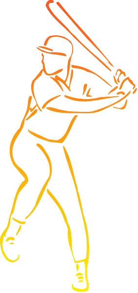 The image shows a black and white silhouette of an athlete holding a baseball bat over their shoulder while standing on what appears to be grassy ground with one leg raised in front of them as if ready for action, set against a dark background that contrasts sharply with the figure's lighter tones.