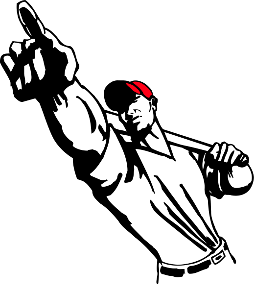 The black and white illustration shows a cartoon of an athlete holding up his finger to point at something off-camera while wearing a baseball uniform with cleats on feet; he is also pointing towards himself, suggesting that it's him being pointed out or highlighted in some way.