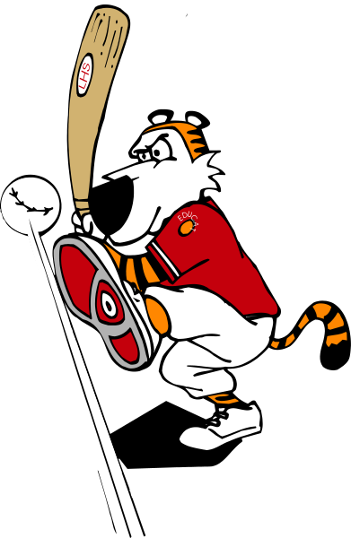 The image shows a cartoon of an anthropomorphic dog character wearing a red jersey with white text on it, holding two baseball bats crossed over its chest while standing in front of what appears to be home plate and preparing for pitching; there is also another smaller figure that looks like the same type of animal sitting atop one bat.