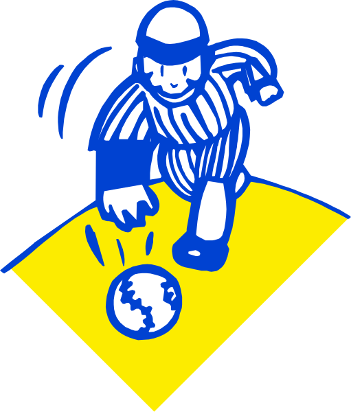 The image shows a cartoon of an animated baseball player kicking up dust while preparing to kick a sports ball on what appears to be home plate in front of him.