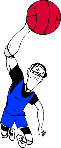 The image shows a black and white cartoon of an animated basketball player holding onto a ball while jumping up to shoot it into a hoop with his right hand.