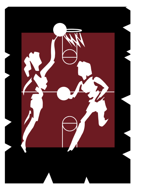The image shows a black and white silhouette of two basketball players on court with an orange ball between them; there is also a small depiction of what appears to be a volleyball player in front, suggesting it's part of a larger sports-themed design or game board that includes multiple games.