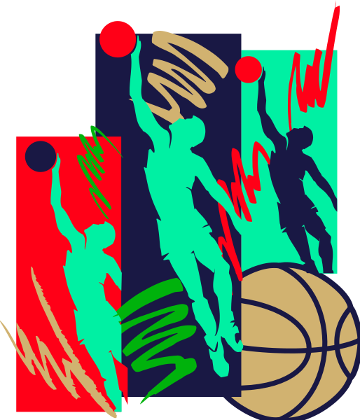 The image features a colorful graphic with three basketball players depicted mid-action on what appears to be an outdoor court; two of them have one foot raised as if in motion while holding onto the ball. In front, there is also a depiction of a sports trophy and above it are abstract shapes that resemble stylized representations of people or figures engaged with basketballs. The background has red and blue stripes on either side framing an image of two hands reaching out towards each other in what seems to be the act of passing, possibly from one player to another during a game.