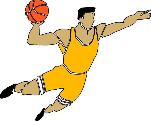 The image shows a cartoon of an athlete jumping with a basketball midair against a black background.