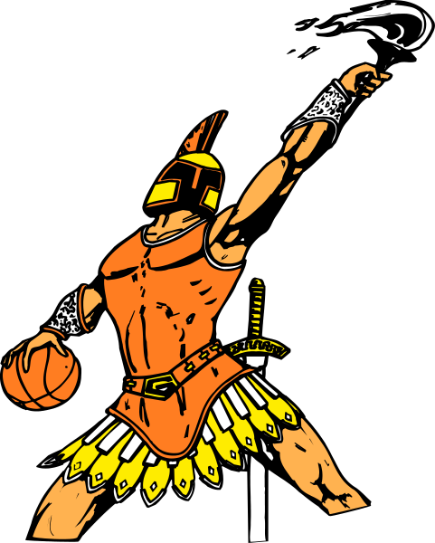 The black and white illustration shows a muscular man with an orange helmet holding what appears to be a spear standing in front of a basketball hoop on a court.