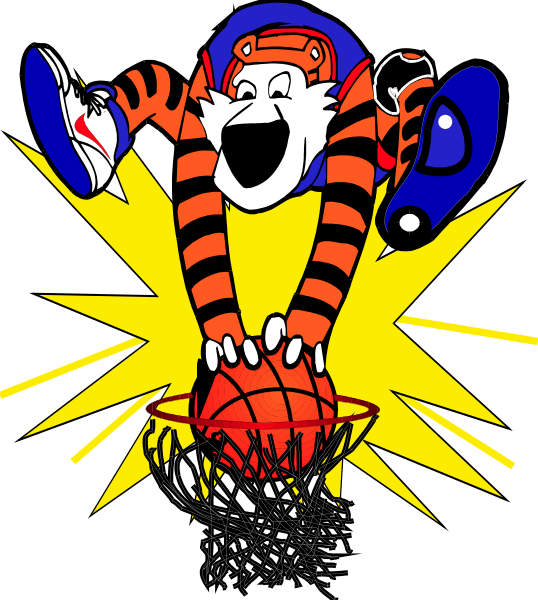 The image features a cartoon depiction of an anthropomorphic tiger character performing basketball tricks with a sports ball on what appears to be a court background.