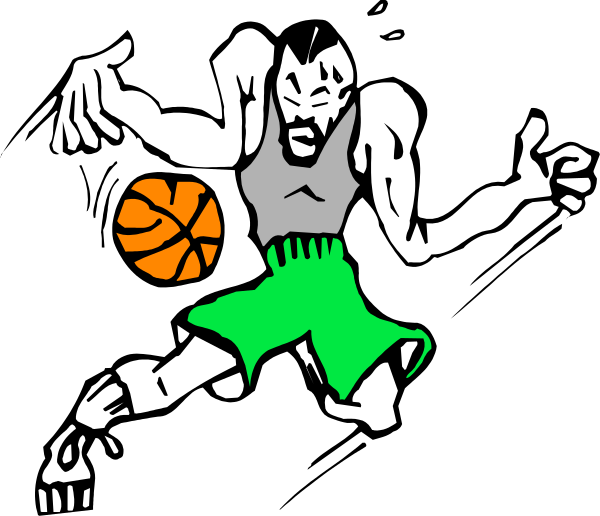 The black and white logo features a basketball player dribbling with his right hand while holding onto an orange ball under his left arm.