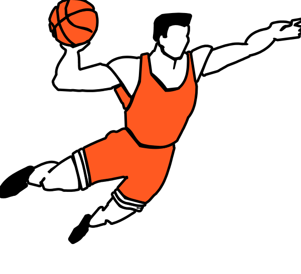 The black and white logo features a basketball player leaping with ball above head on court background; no text present
