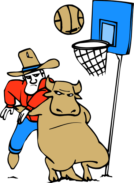 The cartoon shows a cowboy on horseback holding onto an oversized steer while standing next to a basketball hoop with a sports ball in it; there is also a depiction of a bull statue nearby, and another figure that appears to be a man wearing blue jeans riding the back end of the large animal.