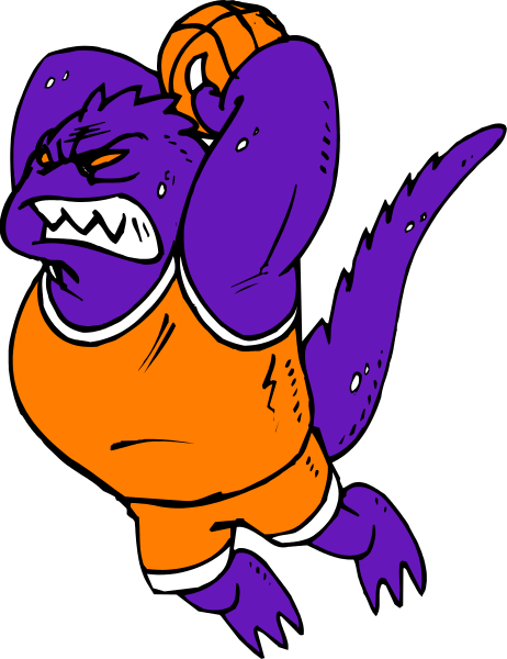 The cartoon depicts a purple dinosaur wearing an orange basketball uniform with white shorts, holding onto its head as if in pain while running on what appears to be a court surface.