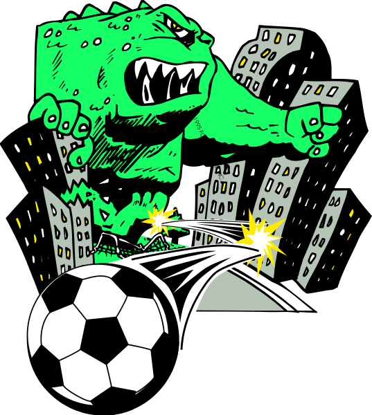 The black and white illustration features a large green monster with sharp teeth chasing after two soccer balls on either side of it while running through an urban environment that includes buildings in the background.