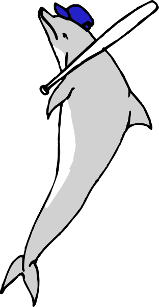 The image shows a stylized depiction of an animated dolphin with blue eyes holding what appears to be a sword in its mouth against a black background.