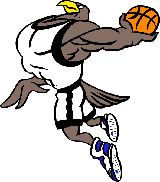 The image shows a cartoon of an athlete with muscular arms holding a basketball midair against a black background.