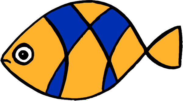 The image shows a cartoon fish with blue stripes on its body against a white background.