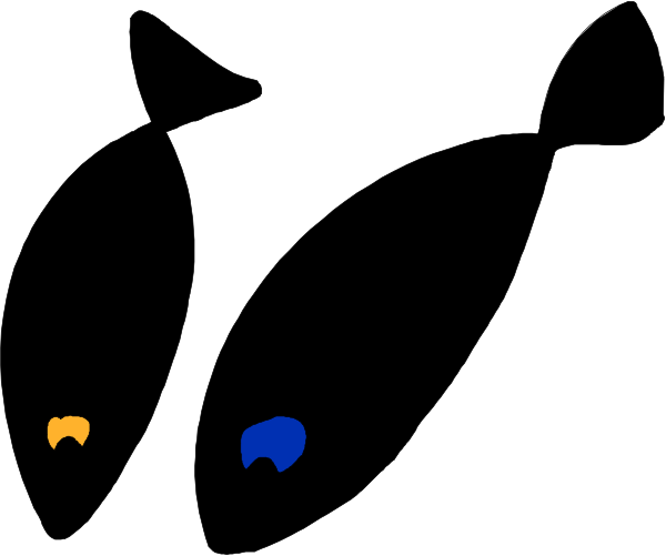 The image shows three fish with different colored eyes: a black silhouette of two larger fish on either side flanking one smaller blue-eyed fish in between them against an unadorned background.