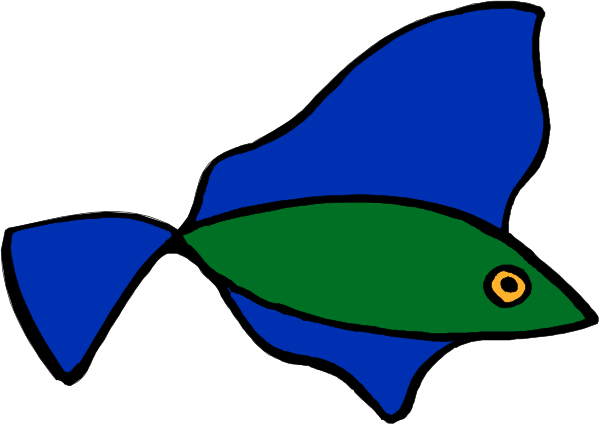 The image shows a blue fish with green fins swimming next to two white lines on either side of it against a plain background.
