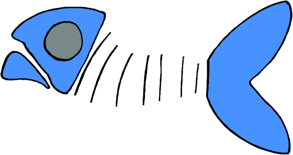 The image shows a blue fish with an eye on it lying next to what appears to be another object that is partially visible in its tail fin area; there's no text present within this small clip-art illustration, and all elements seem stationary without any actions taking place or setting details provided.