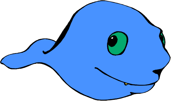 The image shows a blue cartoon fish with big eyes swimming towards an unseen viewer's perspective from what appears to be underwater.