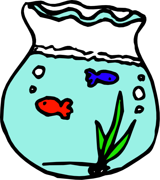 The image shows a cartoon of an aquarium with two fish swimming inside it; there is also some seaweed at the bottom left corner.