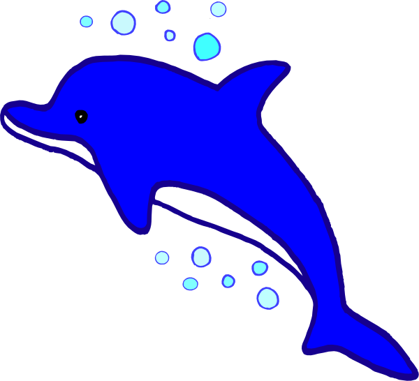The image shows a blue dolphin with bubbles around it against a black background.