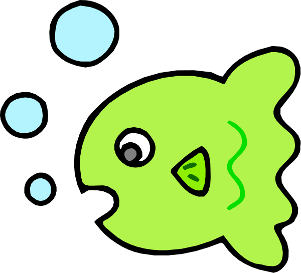 The image shows a cartoon fish with big eyes swimming underwater bubbles against a black background.
