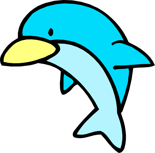 The image shows two cartoon dolphins; on the left side of a black background is an adult blue dolphin with its mouth open as if it's speaking to another smaller light-blue baby dolphin, which appears to be swimming towards or near the larger one.