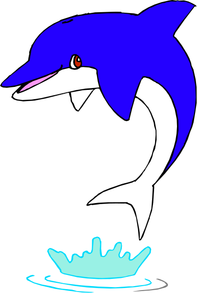The image shows a cartoon dolphin with an open mouth swimming above water that is emitting bubbles from its tail fin; it appears to be in motion over what looks like ocean waves on either side, and there's no visible text within this small clip-art illustration.
