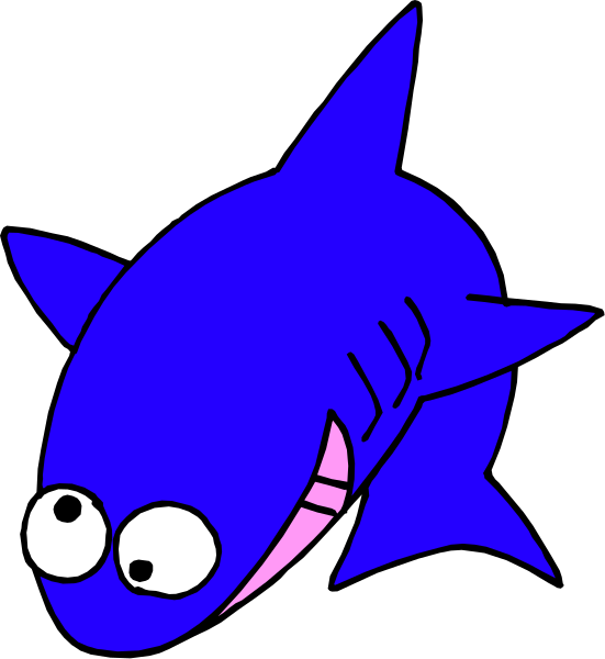 The image shows a cartoon shark with an exaggerated smile swimming upwards towards us against a black background.