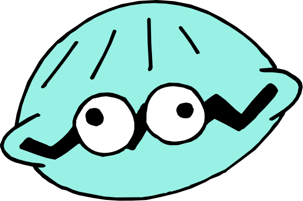 The image shows a cartoon depiction of an open clam with two eyes drawn on it to give it character-like features against a dark background.