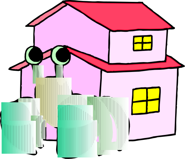 The image shows a cartoon depiction of an animated robot standing next to a pink house with white trim; there is also another smaller figure that appears to be holding what looks like a cup in front of it, and various other objects floating around them both.