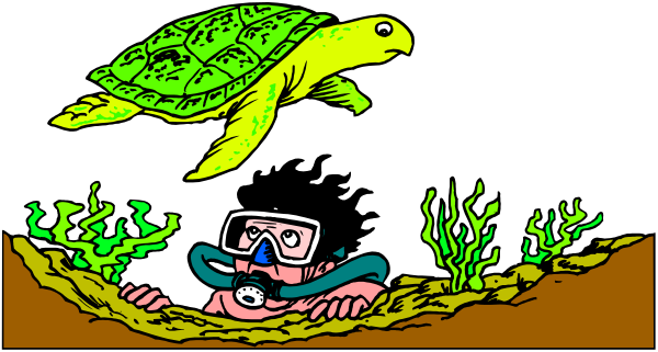 The image shows a cartoon of an underwater scene with two turtles: on top is a green sea turtle swimming above some coral reefs; below it lies another smaller yellowish-green turtle, seemingly resting in what appears to be its nest or burrow.