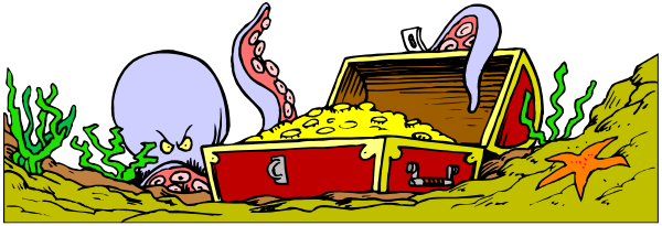 The image shows a cartoon scene with an octopus standing on land next to a treasure chest filled with gold coins; there is also a small boat in front of them both that appears damaged from being washed ashore, and it's surrounded by seaweed at their feet.