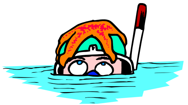 The cartoon shows a person with red hair wearing glasses underwater while holding onto something orange; there's also an image of water in front of them.