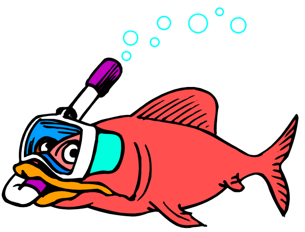The cartoon depicts a red fish with an oxygen tank on its back swimming underwater next to bubbles that resemble eyes.