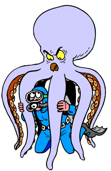 The cartoon shows an octopus with a human inside its tentacles holding another person who is wearing blue overalls; both characters appear to be in motion as if running from something unseen.