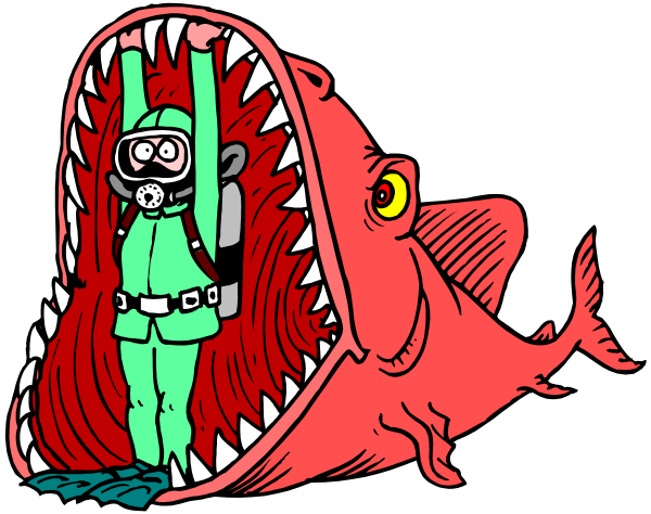 The illustration depicts a cartoon scene where an astronaut inside of a shark's mouth is being eaten by it while another person in scuba gear watches from outside with their arms crossed over chest, and there appears to be some sort of green object or creature on the right side.