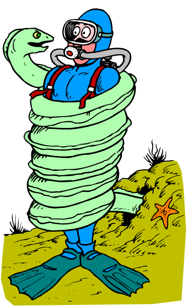 The illustration depicts a cartoon character dressed as an octopus with human legs wearing scuba gear standing on land next to two piles of what appear to be seaweed rolls; in front, there is also a snake coiled around itself and another creature that resembles the same type.