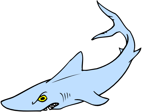The black and white illustration shows a shark with its mouth open swimming towards an unseen viewer from above.