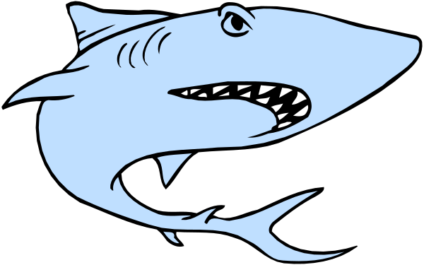 The image shows a cartoon shark with an open mouth against a dark background.