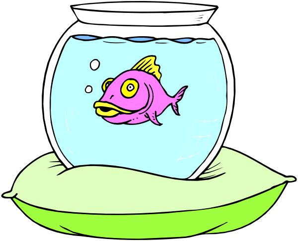 The image shows a cartoon fish inside an aquarium with bubbles rising to its mouth, placed on top of what appears to be a green base that could represent water; there is no text present in this clip-art illustration.