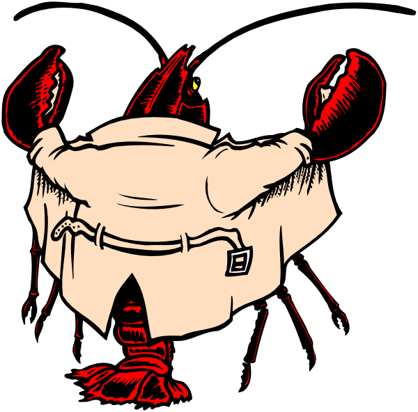 The image shows a cartoon of two lobsters standing upright on their hind legs with humanoid postures; each has large red eyes and is wearing an oversized coat that appears to be falling off its back, revealing one's underside which looks like it could belong to another creature or character.
