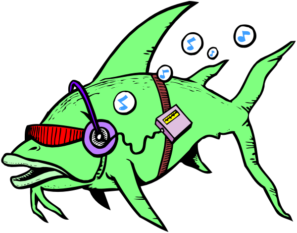 The image shows a cartoon fish with glasses on its head wearing an earbud around its neck, swimming underwater next to bubbles that resemble music notes.