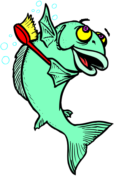 The image shows a cartoon of an animated fish with big eyes holding onto a fishing rod that has no line attached to it; there is also bubbles in front of the fish indicating movement through water.