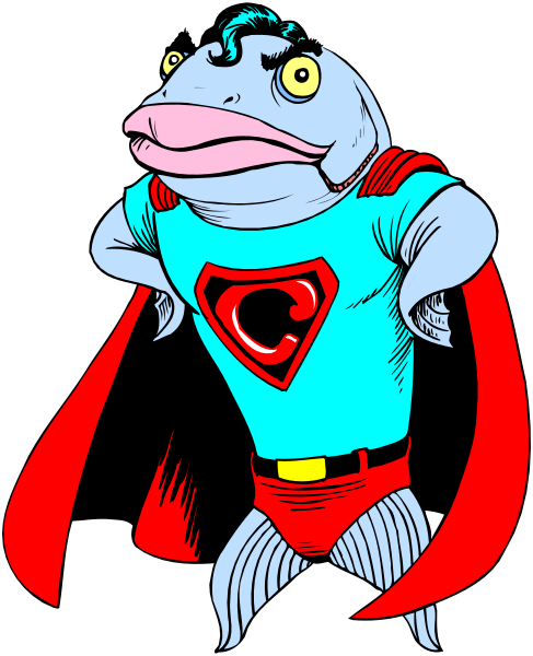 The illustration features a cartoon fish character dressed as Superman with its arms outstretched to either side of itself in an exaggerated pose against a black background.